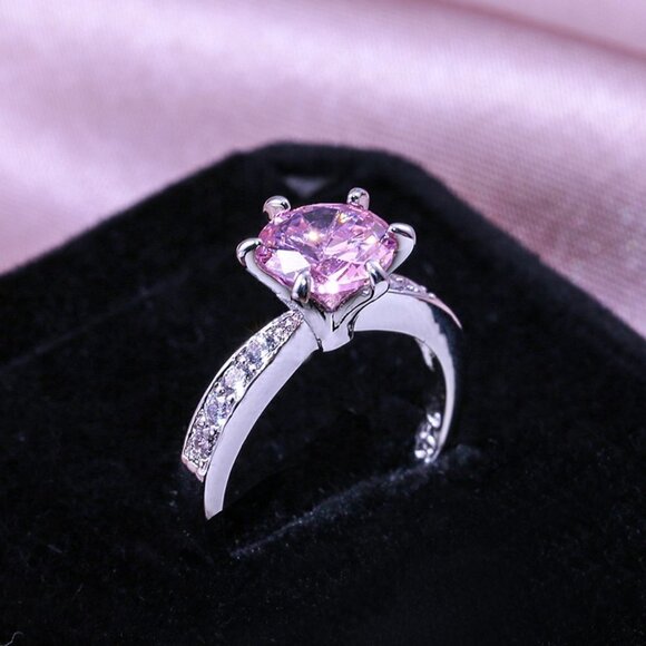 💎 Dainty Round Pink Gemstone Anillos Wedding Silver Ring for Women, VIP520 - Picture 1 of 6